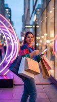 Young Hispanic woman shopping with smartphone and bags in neon-lit urban street at dusk, enjoying retail therapy and mobile technology in modern city center.