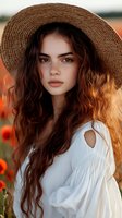 Young woman with long wavy brown hair wearing straw hat and white blouse in golden sunset light with orange flowers in background for summer fashion.