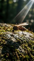 Mosquito perched on moss-covered rock with sunlight streaming through forest canopy, macro wildlife photography for nature and insect educational content.