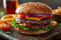 Juicy cheeseburger with fresh vegetables and melted cheese on sesame bun, served on rustic wooden board with french fries and sauce in background.