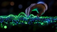 Glowing green wave pattern with sparkles and bokeh effects created by finger touch on dark background, magical digital visualization concept.