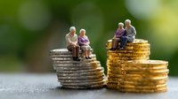 Miniature elderly couples sitting on stacks of coins representing retirement planning, pension savings, and financial security for senior citizens.