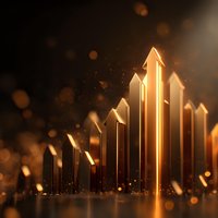 Golden upward trending arrows with warm bokeh lights representing business growth, financial success, and market performance analytics.