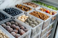 Organized storage containers filled with various dried fruits, nuts, seeds, and legumes in a refrigerator for meal prep and pantry organization.