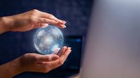 Female hands holding glowing digital globe with network connections, representing global technology, data communication, and worldwide business innovation in modern digital environment.