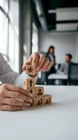 Hands stacking wooden blocks with business icons into a pyramid in a modern office, symbolizing growth, leadership, and team success.