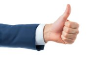 Male hand in business suit showing thumbs up gesture against white background, expressing approval, success, and positive feedback in professional setting.