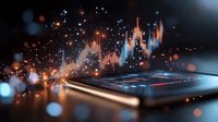 Financial market data visualization with glowing orange and blue trading charts rising above smartphone screen, sparkling bokeh effect in dark background.