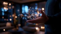 Glowing digital network icons float above hands in dark room with bokeh lights, representing technology connectivity and digital transformation concept.