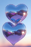 Shiny metallic heart balloons with holographic surface reflecting pink and blue colors against gradient sky background, romantic celebration concept.