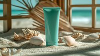 Turquoise cosmetic tube on beach sand with seashells and palm shadow, natural sunlight through window creates soft summer spa atmosphere.