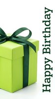 Green gift box with dark ribbon bow and Happy Birthday text on white background, great for greeting cards and celebration designs.