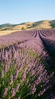 Expansive lavender field in full bloom with purple flowers stretching across rolling hills under clear sky, ideal for agriculture and nature themes.