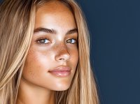 Young blonde woman with freckles and natural makeup looking at camera against dark blue background, close-up beauty portrait showing glowing skin and green eyes.