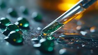 Macro shot of glass pipette dropping golden liquid onto emerald green crystals with water droplets creating artistic reflection and bokeh effect on dark surface.