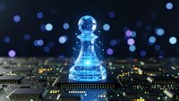 Glowing blue holographic chess king piece on circuit board with bokeh lights representing artificial intelligence strategy and digital leadership in technology.