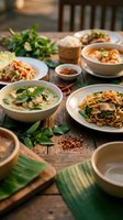 Assorted Asian cuisine dishes arranged on wooden table with fresh herbs, noodles, soup, and traditional ingredients for restaurant or food styling.
