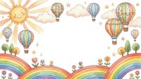 Whimsical hot air balloons floating in sunny sky with rainbows, clouds and flowers. Colorful children illustration for nursery decor and greeting cards.