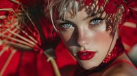 Young blonde woman with striking blue eyes and red lips wearing ornate red headpiece with feathers and beads in glamorous portrait style.