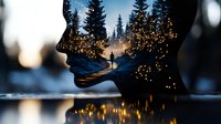 Double exposure silhouette blending winter forest landscape with lone hiker and magical glowing sparkles, reflecting in water surface at sunset. Dreamy artistic composition.