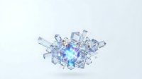 Cluster of translucent crystalline cubes with glowing blue and purple light emanating from center, isolated on white background for design projects.