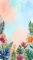 Watercolor tropical flowers and palm leaves border on soft pastel background with pink, blue, and turquoise washes, ideal for greeting cards and invitations.
