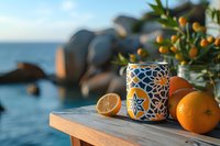 Mediterranean summer still life with decorative ceramic candle holder, fresh citrus fruits and ocean view, perfect for lifestyle and travel content marketing.