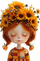 Stylized doll with red hair wearing sunflower crown and plaid outfit, eyes closed in serene expression against white background.