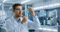 Male scientist in white lab coat and safety glasses examining blue liquid in test tube at modern laboratory for research and development.