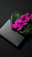 Pink orchids and tropical palm leaves emerging from a dark gray envelope on black background, elegant floral greeting concept.