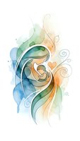 Watercolor mother holding baby with flowing hair and decorative swirls on white background for motherhood designs.