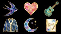 Six watercolor clipart icons isolated on transparent background: swallow bird, heart with number 13, guitar, cardigan, crescent moon, and music notebook. Ready for stickers, t-shirt design, print on demand.