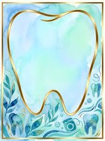 Tooth-shaped frame with gold outline on watercolor background featuring dental elements and foliage, suitable for dentistry marketing, dental clinic branding, and healthcare design projects.