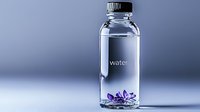Clear glass water bottle with purple crystal stones inside, minimalist design on blue gradient background for wellness and hydration concepts.