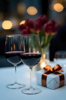 Two glasses of red wine on white tablecloth with wrapped gift box and red tulips in background, romantic evening setting with soft bokeh lights.