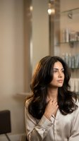 Young brunette woman with voluminous wavy hair touching neck in modern salon interior with professional styling products and warm lighting atmosphere.