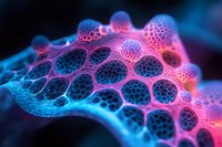 Microscopic cellular structure with glowing pink and blue membrane showing detailed honeycomb-like pattern of bubbles against dark background.