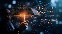 Digital umbrella shield protecting from data rain with glowing particles and bokeh lights against cyber threats, symbolizing cybersecurity and digital protection concept.