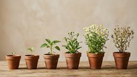 Plant growth stages in terracotta pots against neutral background, showing progression from seedling to mature flowering plant, suitable for gardening, botany, and environmental education materials.