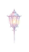 Vintage ornamental street lamp with glowing light, isolated on white background. Watercolor style lantern with decorative scrollwork and finial top, suitable for design projects, illustrations, and graphic applications.
