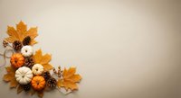 Autumn flat lay with orange maple leaves, white and orange pumpkins, pine cones arranged on neutral beige background with copy space for seasonal designs.
