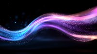 Magical glowing wave with sparkling particles in blue, purple and pink colors flowing on dark background creates ethereal atmospheric effect.
