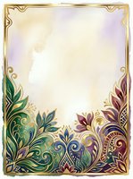 Ornate gold frame with decorative floral and botanical elements in jewel tones featuring green, blue, and burgundy accents on cream background. Isolated design ready for invitations, certificates, and greeting cards.