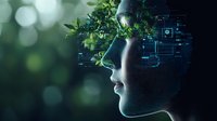 Digital technology merging with nature concept showing profile silhouette with circuit patterns and green plant elements against bokeh background.