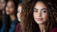 Young African American woman with natural curly hair and radiant smile wearing burgundy top, looking confidently at camera against blurred background.