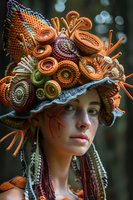 Young woman wearing elaborate fantasy headdress with orange and purple spiral decorations, braided elements, and ornate details against dark bokeh background.