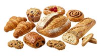 Assorted fresh baked goods including croissants, muffins, pastries, bread loaves and cookies isolated on white background for bakery, cafe and food design projects.