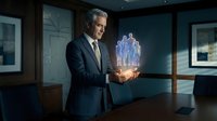 Senior businessman in suit holding holographic projection of people in modern office boardroom showcasing futuristic technology and digital innovation concepts.