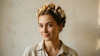 Young Caucasian woman with braided updo hairstyle wearing white linen shirt against textured beige wall background for natural portrait photography.