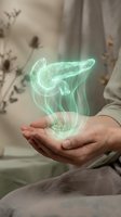 Holographic green pancreas organ floating above cupped hands in medical setting for healthcare education and digestive system awareness campaigns.